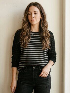Style & Co. Sport Mixed Stripe Raglan Crewneck Sweatshirt Black Gray XL